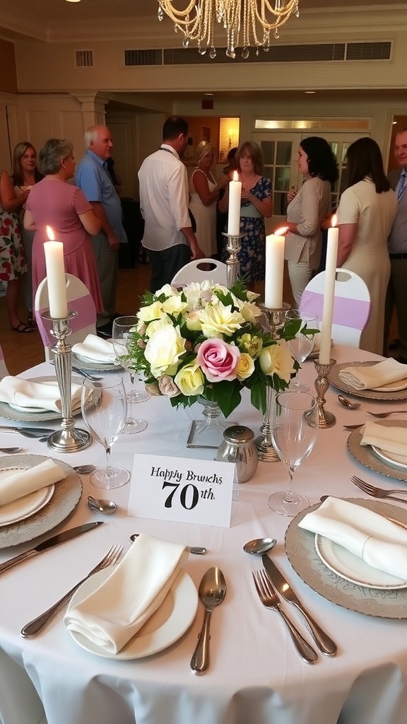 Elegant brunch table setup for a 70th birthday with floral arrangements and candles.